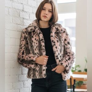 Neckworks Pink Faux Fur Leopard Jacket